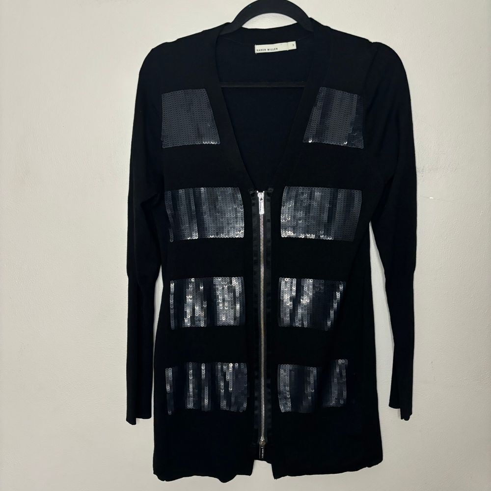 Karen Millen Sweater Size 3 (6/8) Black Sequin‎ Full Zip Wool Blend Cardigan